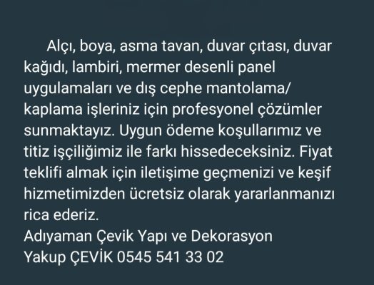 ADIYAMAN ÇEVİK YAPI VE DEKORASYON